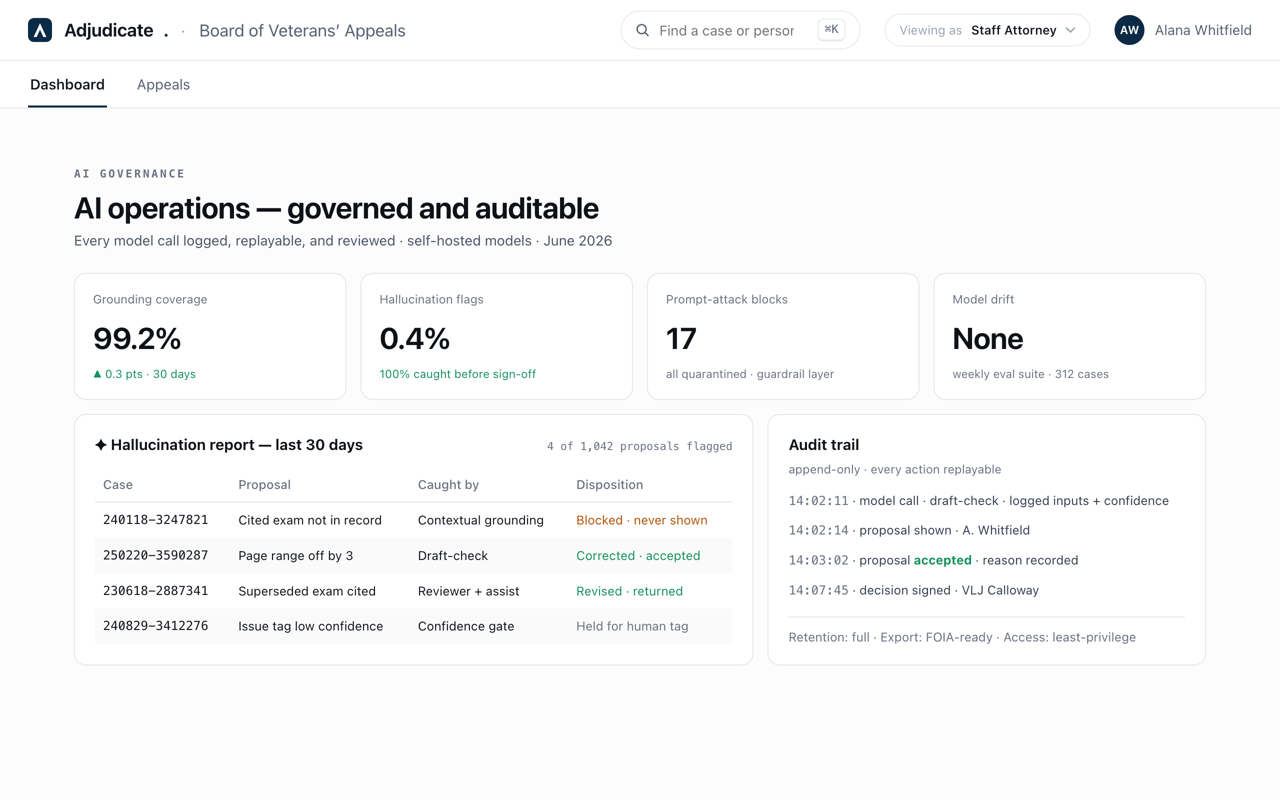 Adjudicate AI governance — grounding coverage, hallucination report, audit trail