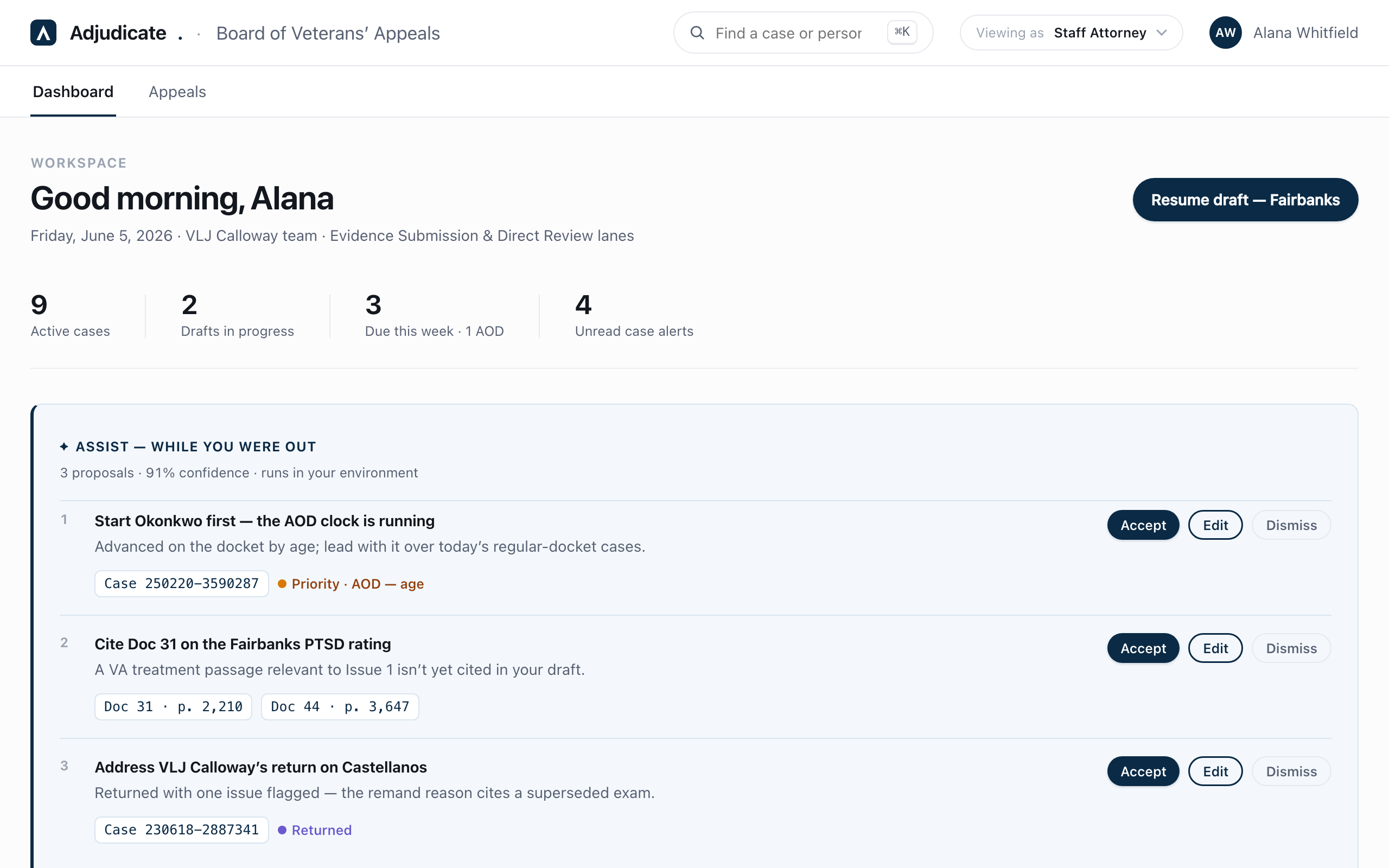 Adjudicate workspace — assist proposals, every action on the record