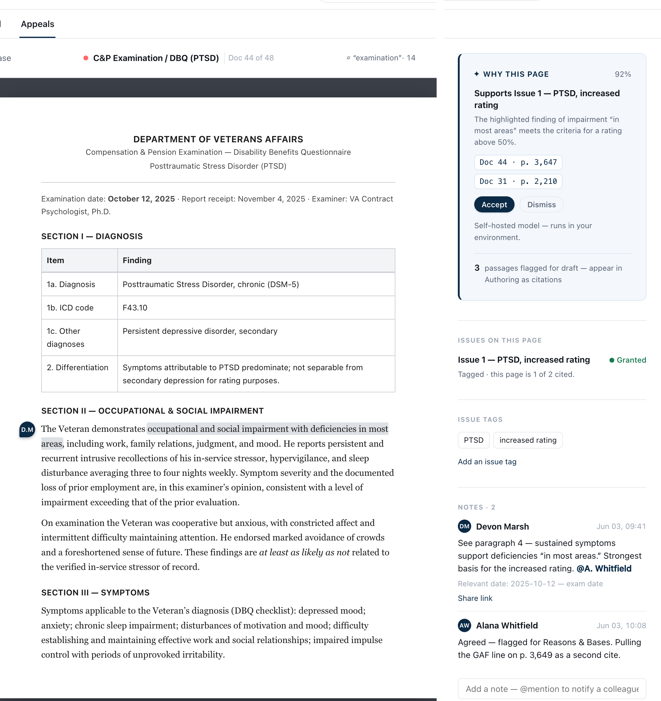 Adjudicate reader — the AI explains why this page supports Issue 1, grounded to the exact page
