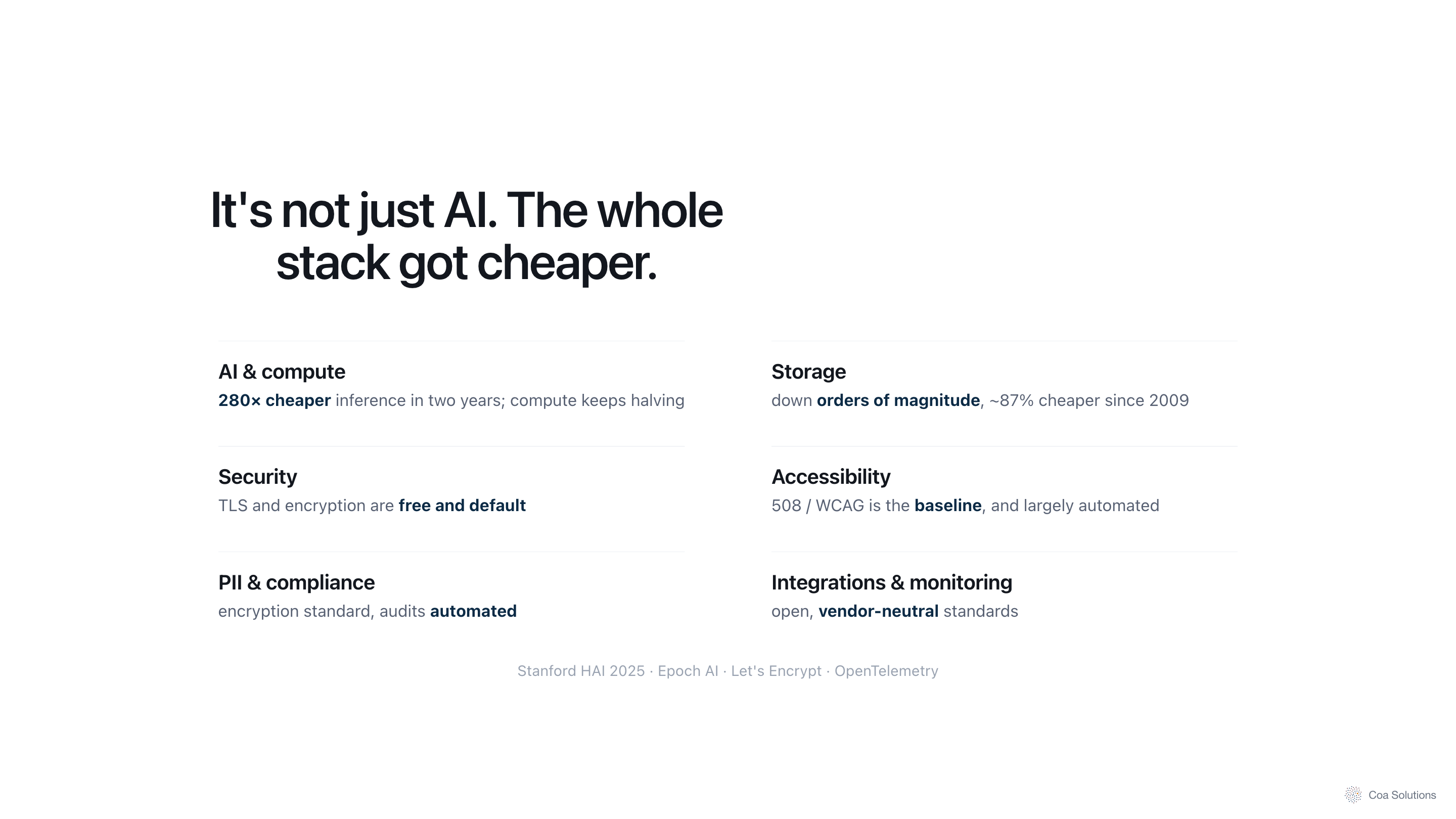 Pitch deck — it's not just AI, the whole stack got cheaper: compute, storage, security, accessibility, compliance, integrations