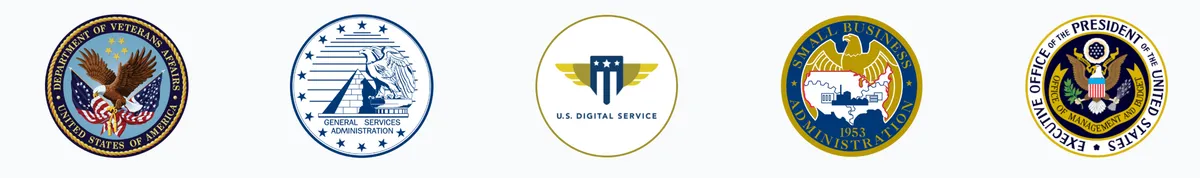 Government agency logos including Department of Veterans Affairs, U.S. Digital Service, Department of Commerce, and Executive Office of the President