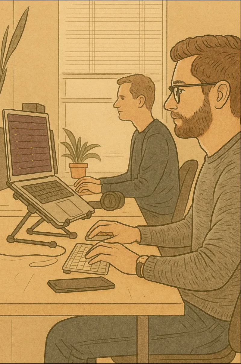 Illustrated scene of two developers collaborating at a desk with laptops and development work