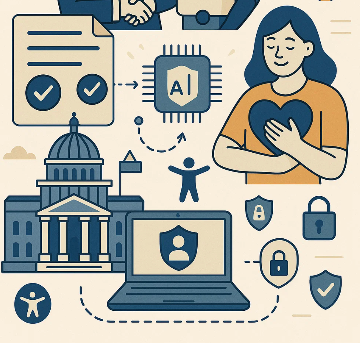 Illustration showing AI and government collaboration with technology, security, and citizen service elements